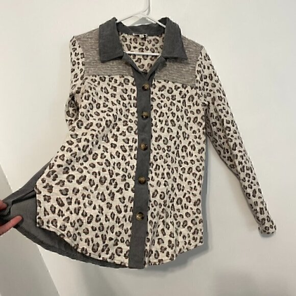 UMGEE Cream Ivory Gray Colorblock Leopard Animal Oversized Shacket Shirt Jacket - Picture 11 of 15